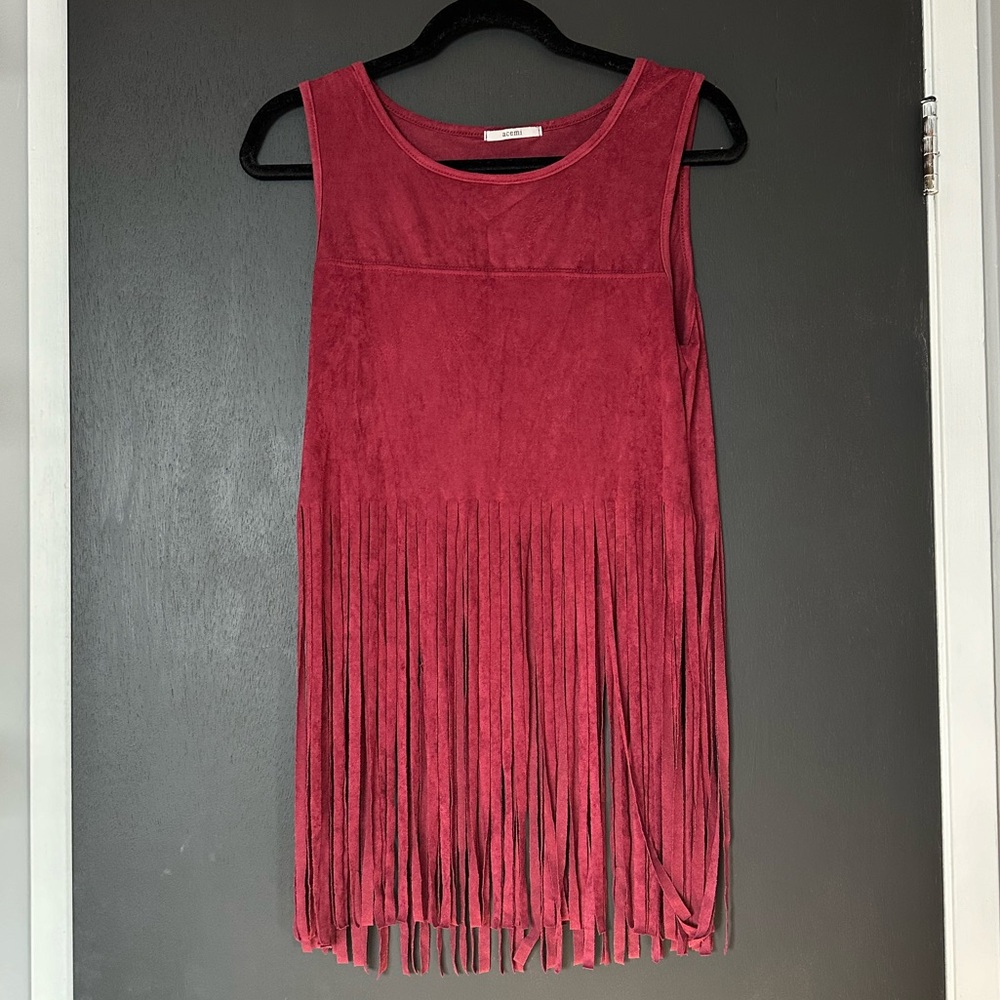 Faux Suede Burgundy Fringe Tank - Size Small
